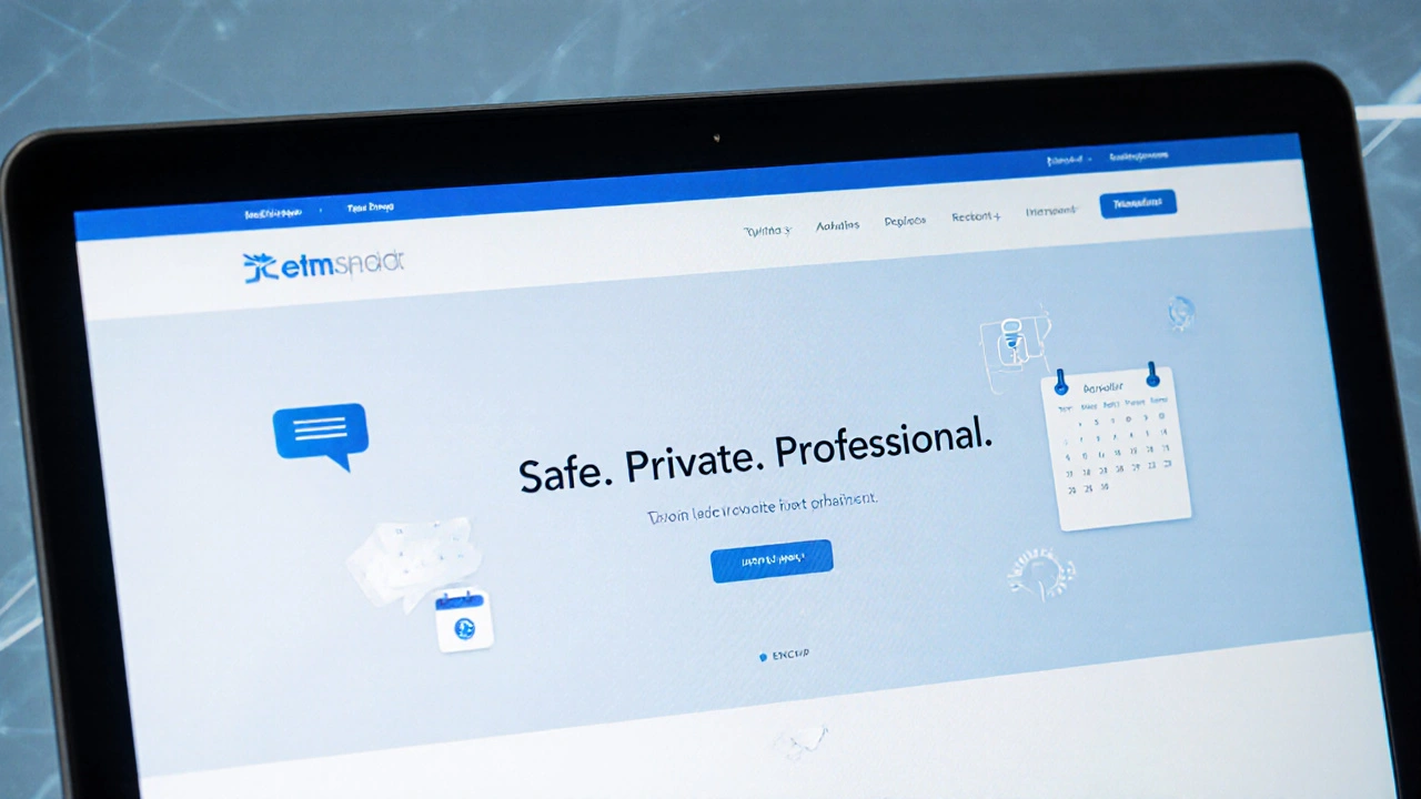 A laptop screen showing a secure escort website with 'Safe. Private. Professional.' text.