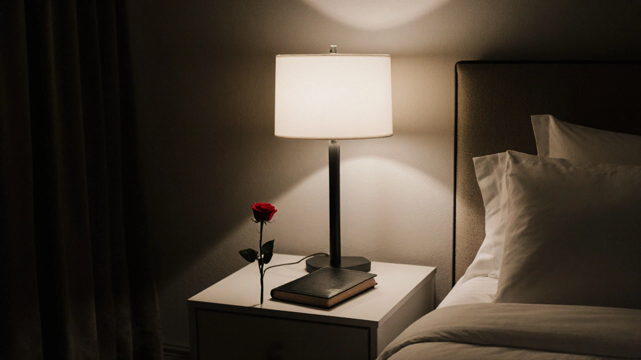 A neatly arranged hotel room with a single rose and journal on the nightstand, no people.