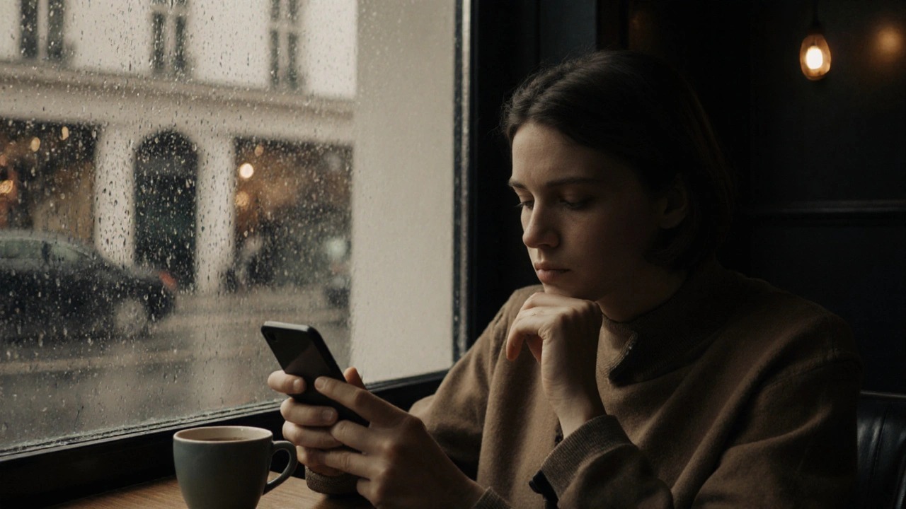 A person at a café calmly looking at their phone, reflecting on escort reviews with thoughtful expression.