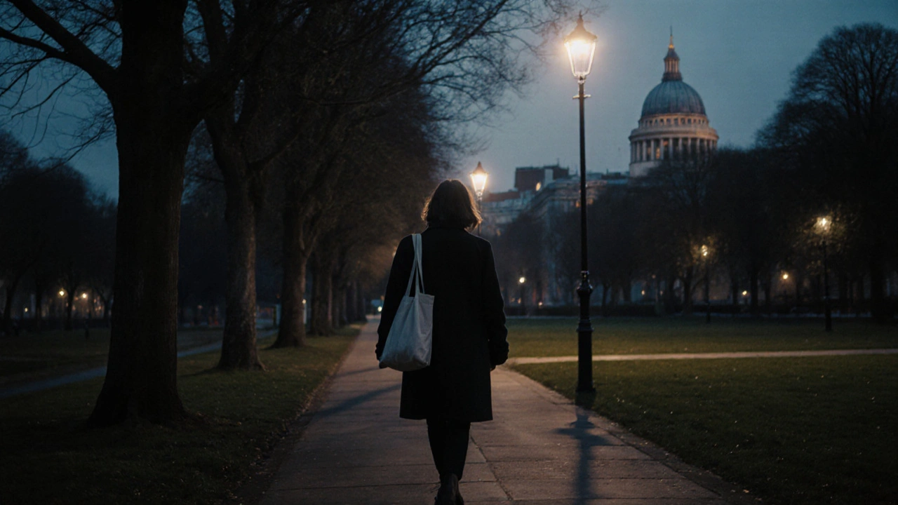 A person walking alone in a West London park at dusk, lost in quiet reflection.
