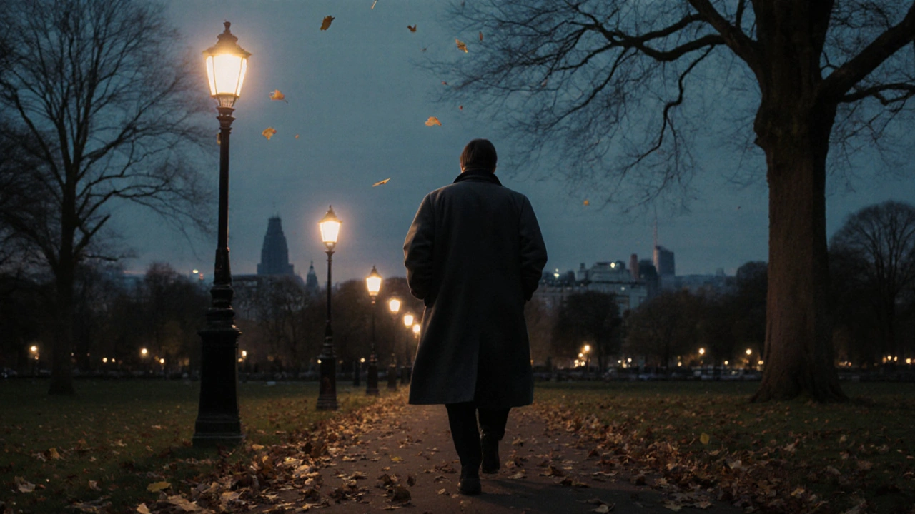 A person walking peacefully through Hyde Park at dusk with soft lamplight and autumn leaves.
