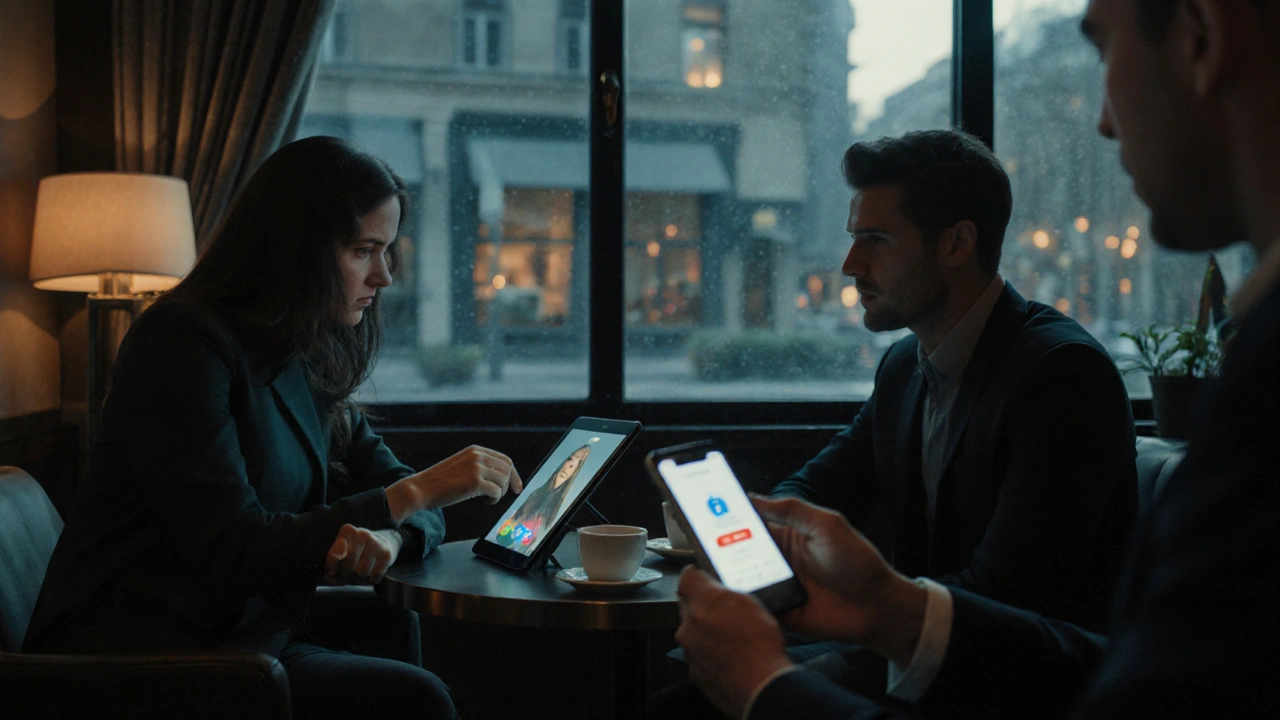 Cafe setting with escort and client confirming identity via tablet and discreet payment on a phone, emphasizing safety.
