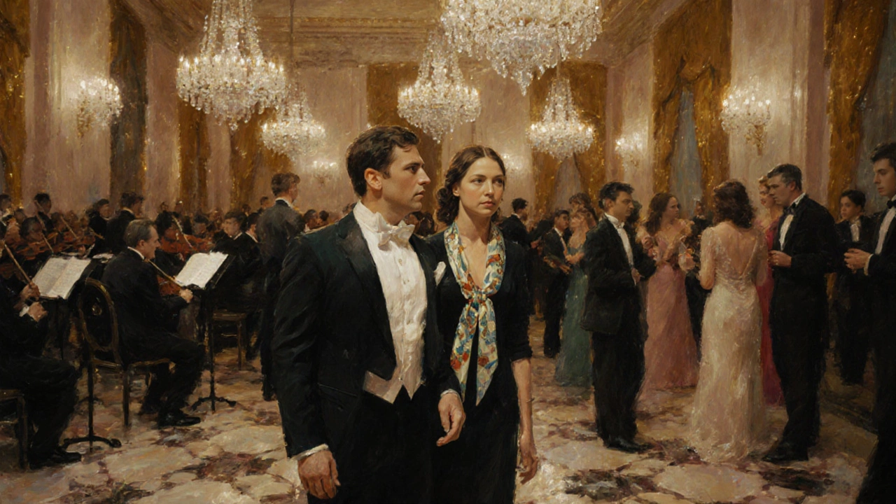Companion and client at a glamorous charity gala ballroom, surrounded by chandeliers.