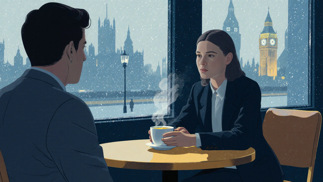 Cozy London café where a companion listens empathetically to a client over tea.