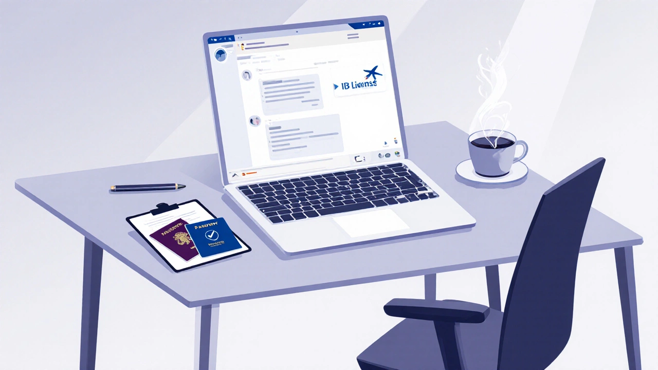 Desk scene showing laptop, encrypted chat, and ID documents for verification.