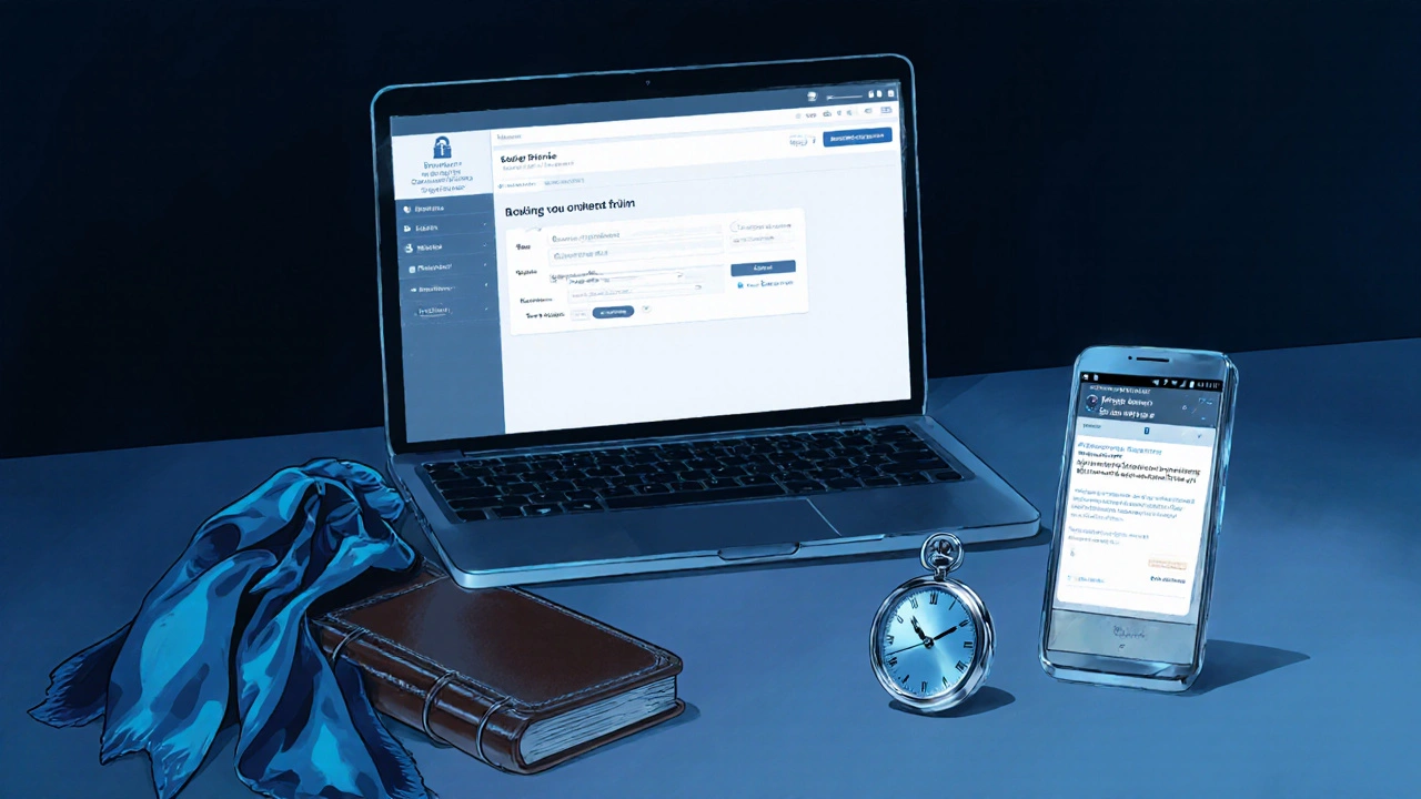 Desk with laptop, phone, and accessories showing a secure booking confirmation.