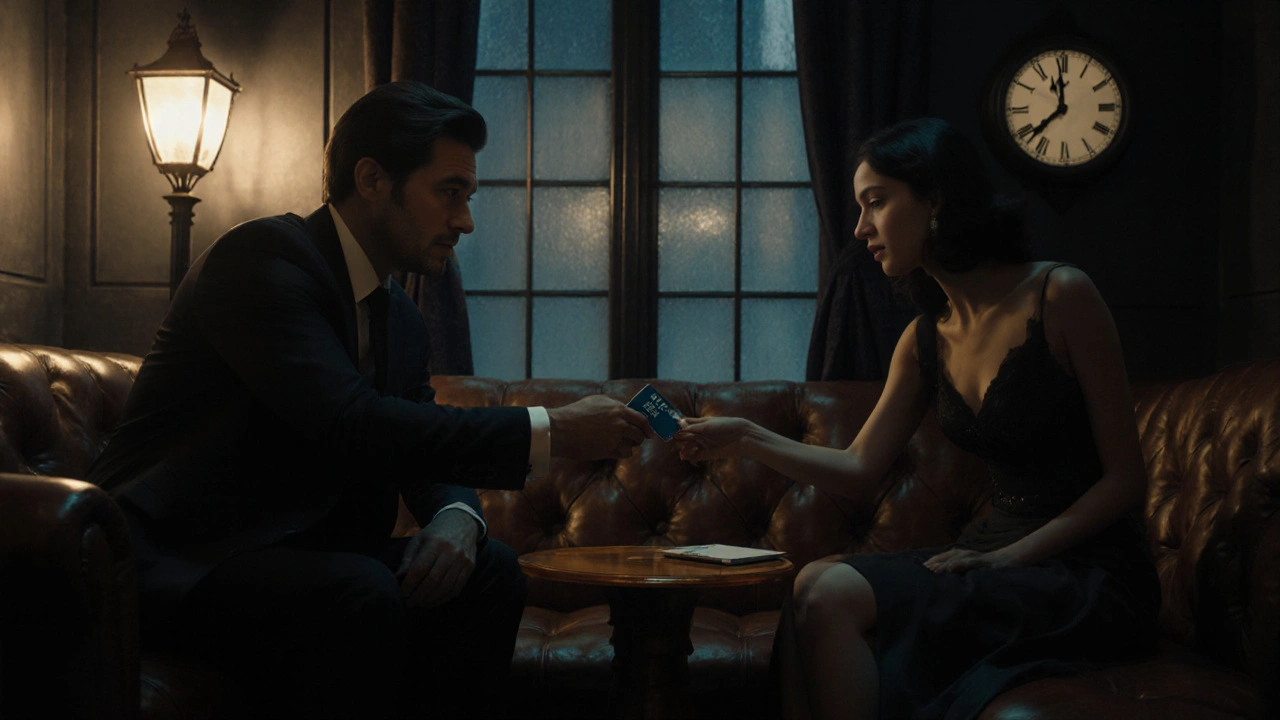 Dim lounge scene where a client and escort discreetly exchange a prepaid card.