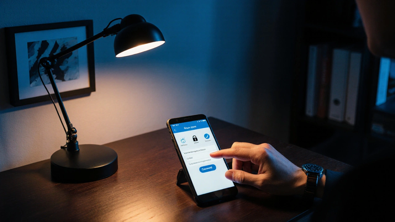 Dim study with a hand holding a smartphone showing a blurred secure booking screen.