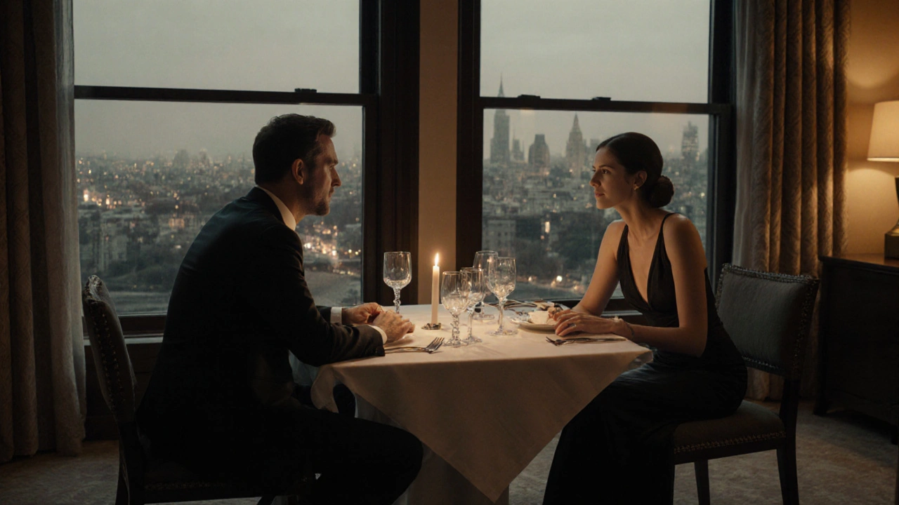Elegant dinner in a hotel suite shows intimate, personalized companionship.