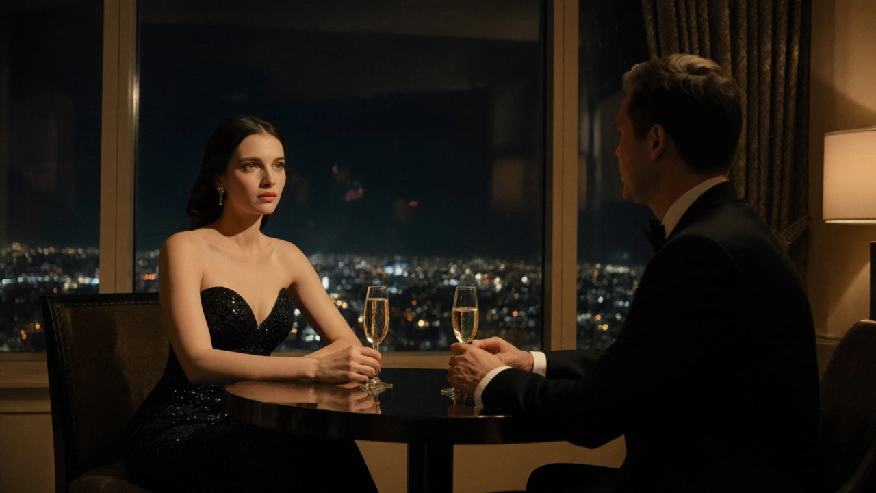 Elegant hotel lounge with a dressed couple sharing champagne in a discreet setting.