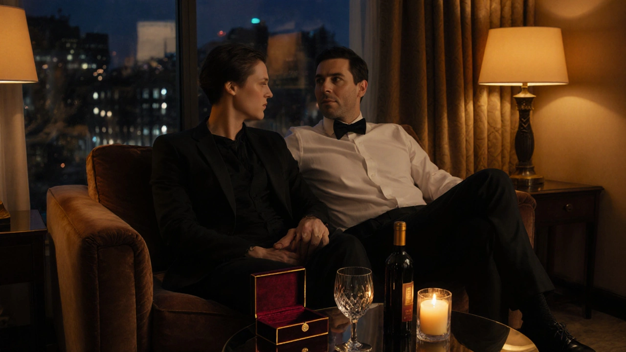 Elegant hotel suite with candlelight, wine, and relaxed escort and client after a personalized session.