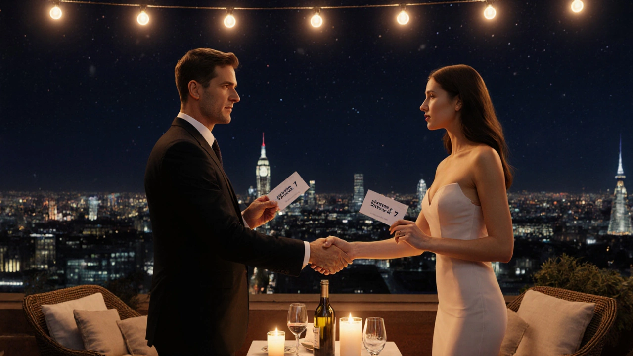Elegant rooftop meeting in London where client and escort exchange a discreet safety code.