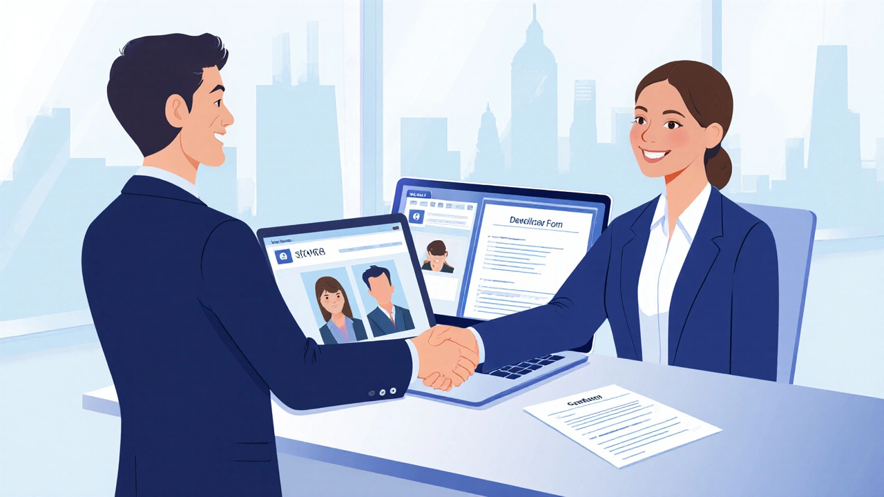Flat‑design illustration of agency representative shaking hands with client beside verification documents.
