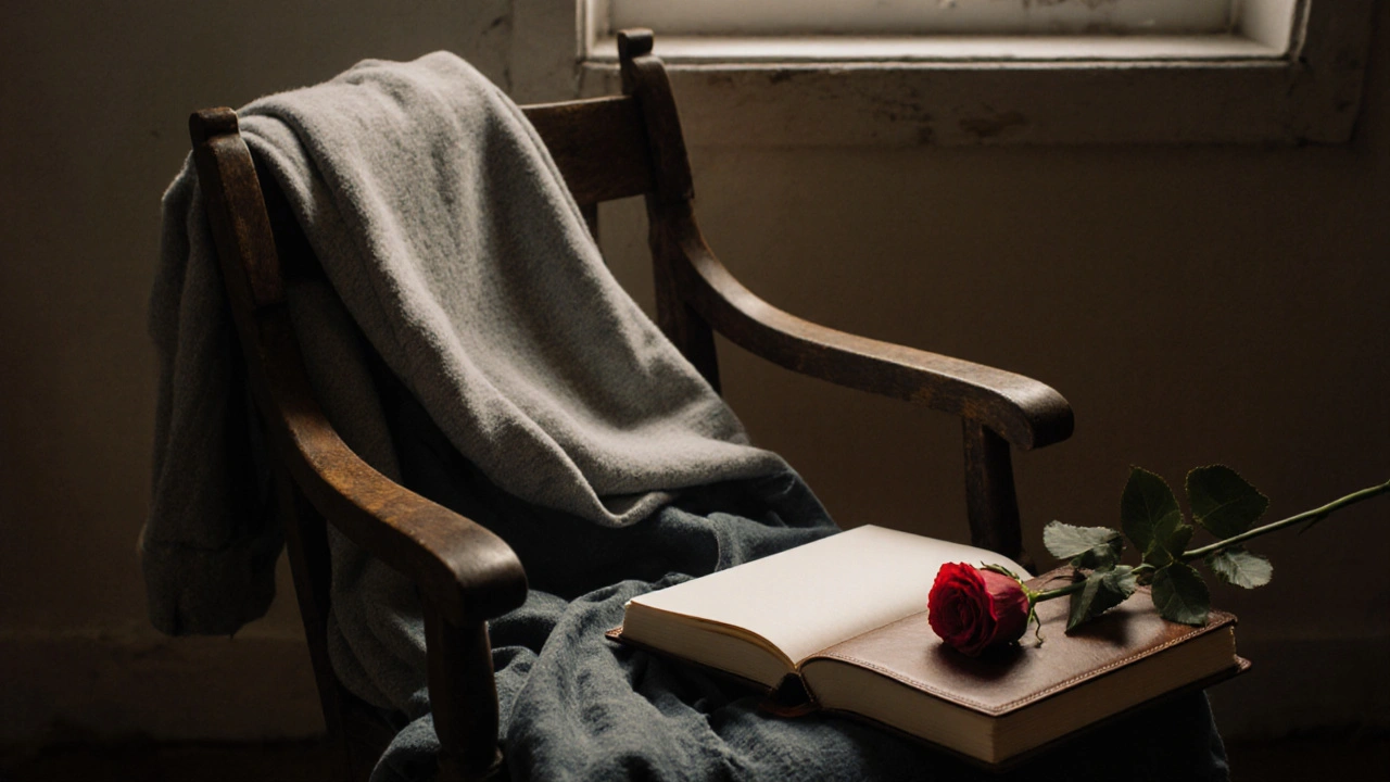 Folded clothes on a chair with a leather journal and a single rose, symbolizing thoughtful presence.