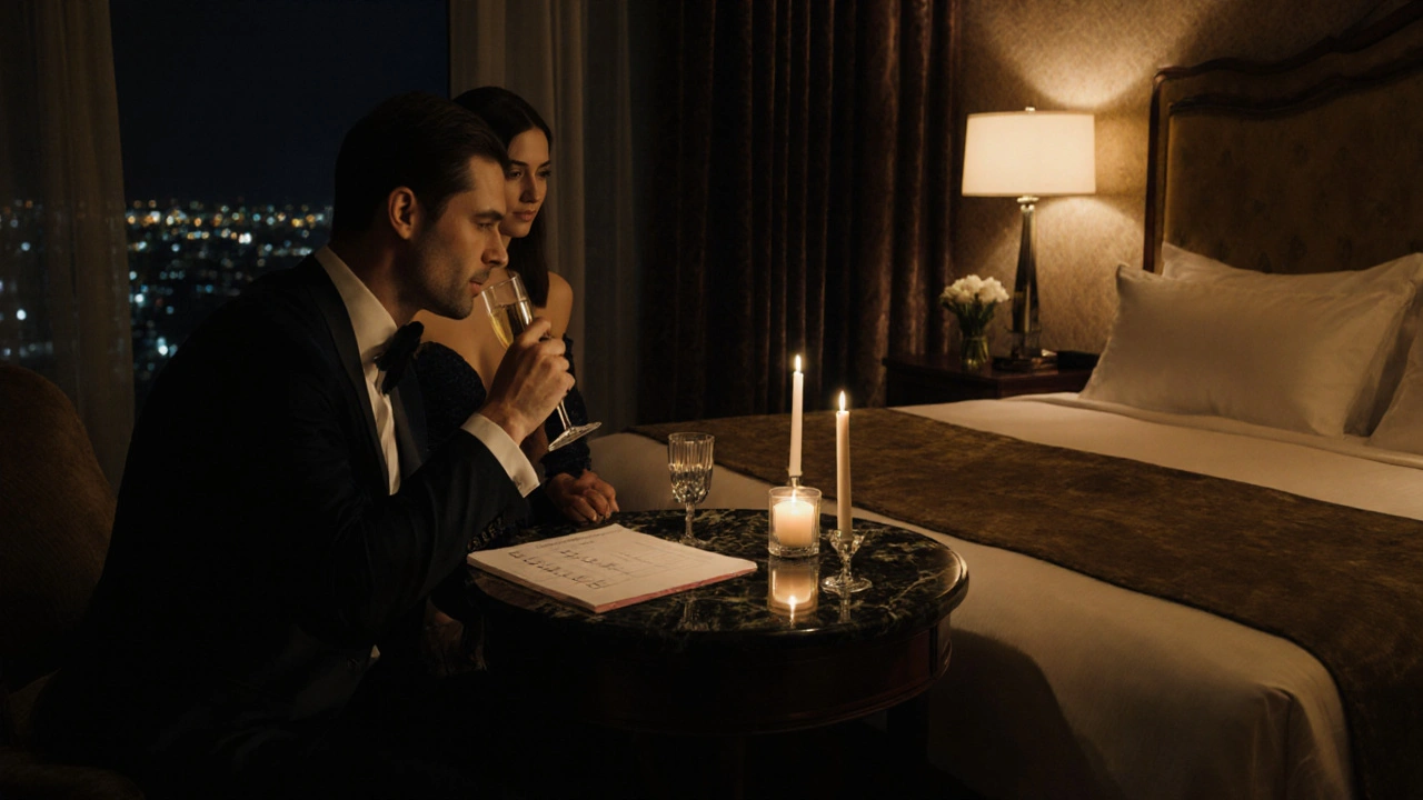 Hotel suite scene with client, Russian companion, champagne, and consent checklist.