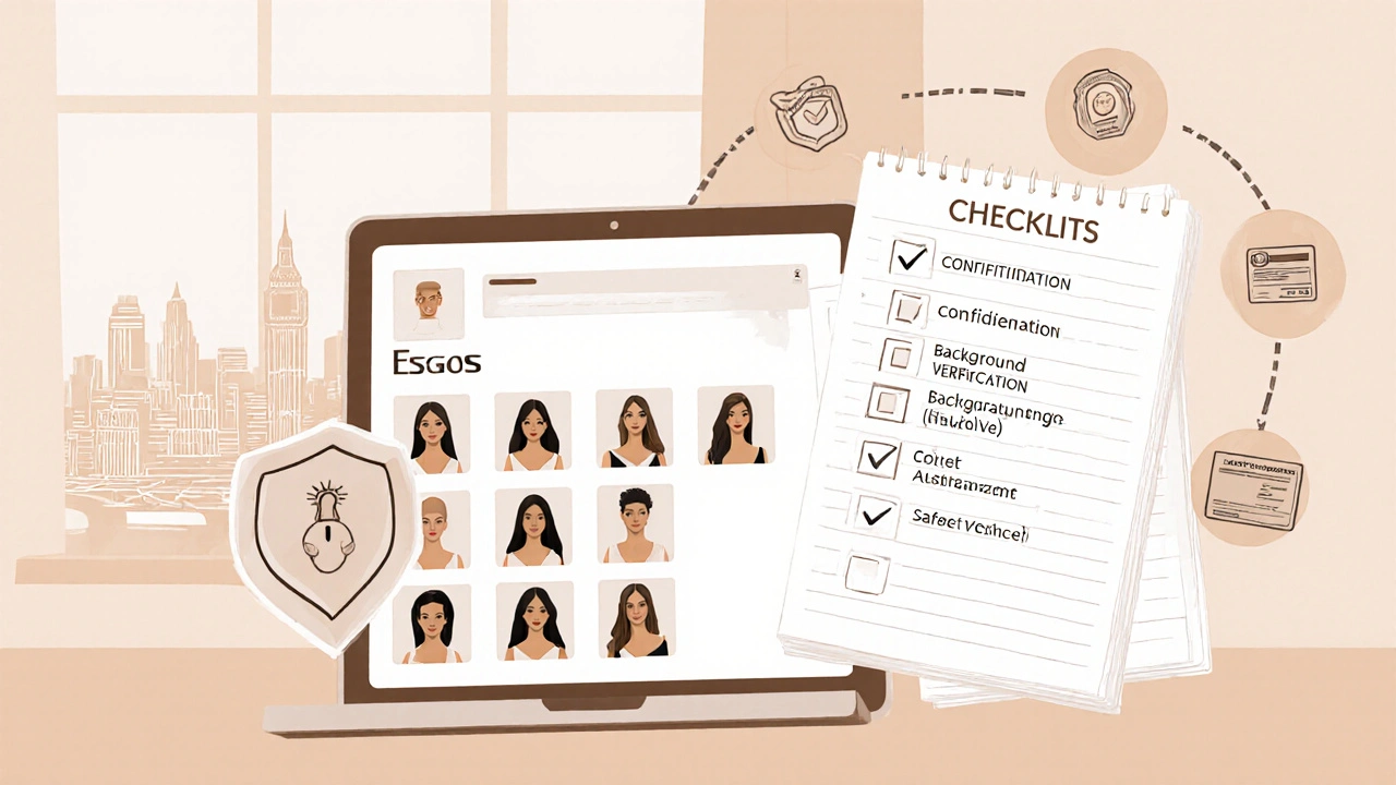 Illustration of a secure online portal showing profile selection and safety checklists.