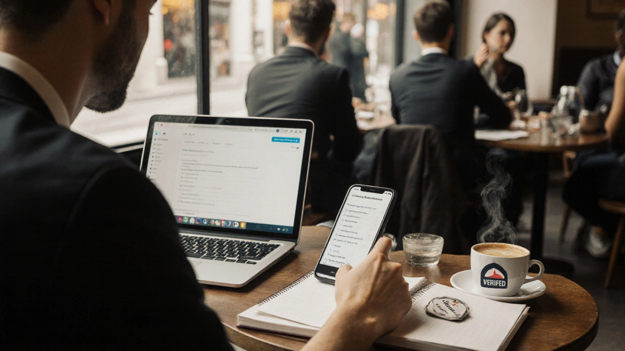 Independent escort reviewing safety questionnaire at a café with laptop and verification app.