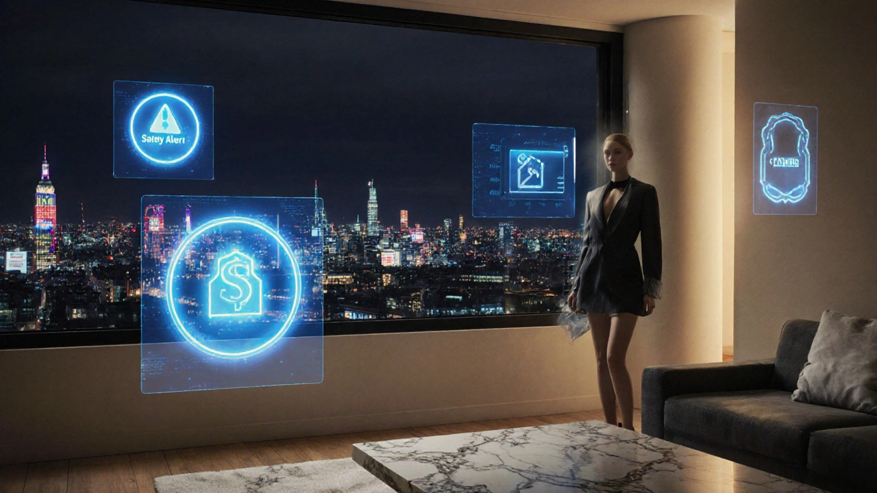 Luxurious loft with holographic safety and earnings displays.