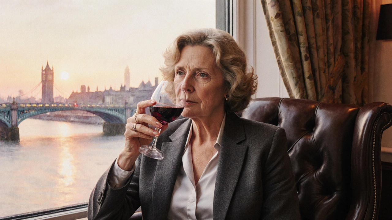 Mature woman in a lounge sipping wine by a window overlooking the Thames.