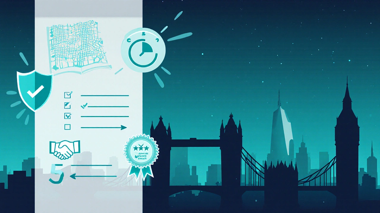 Minimalist illustration of safety icons over a London skyline silhouette.