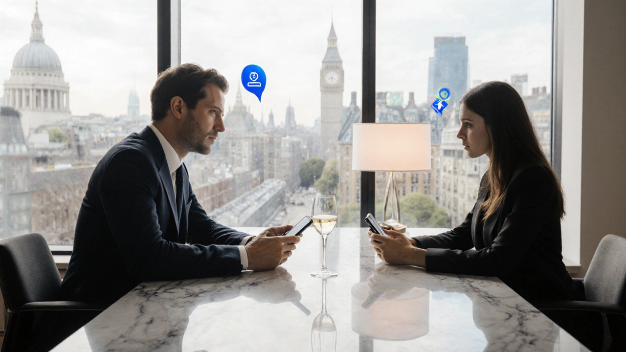 Modern client and escort exchanging preferences via encrypted phone chat in a stylish London apartment.
