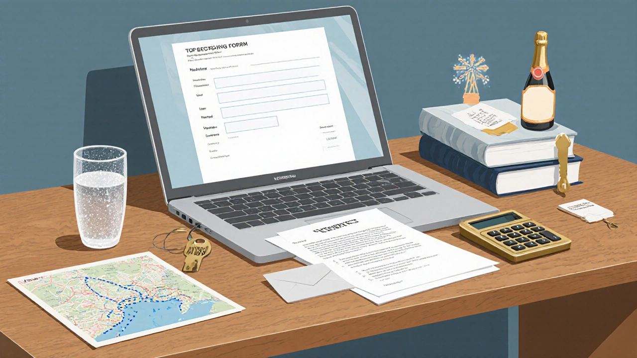 Modern desk with laptop, calculator, contract, map, and champagne suggesting cost details.