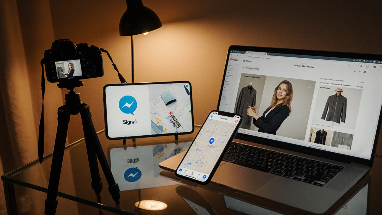 Modern home office with tech tools and branded outfit preparation.