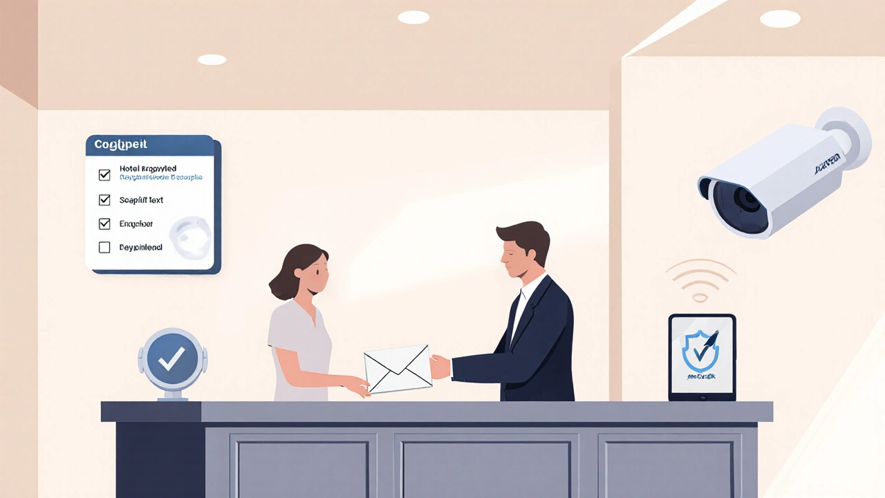 Modern hotel lobby illustration highlights safety measures and discreet payment.