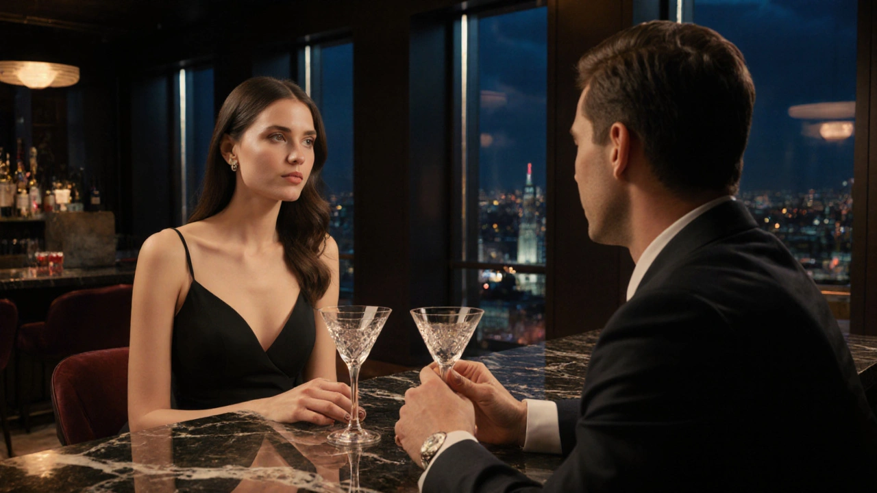 Modern upscale London bar with a companion and executive sharing drinks.