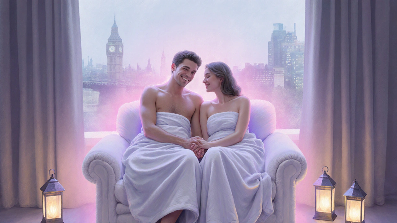 Pastel illustration of a relaxed couple holding hands after a Nuru session.