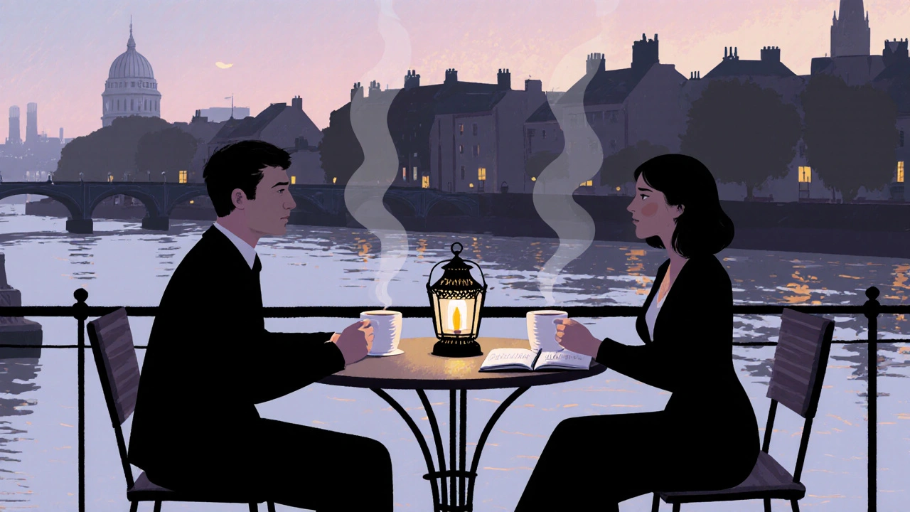 Relaxed coffee at a Thames café with client and escort reviewing a safety checklist.