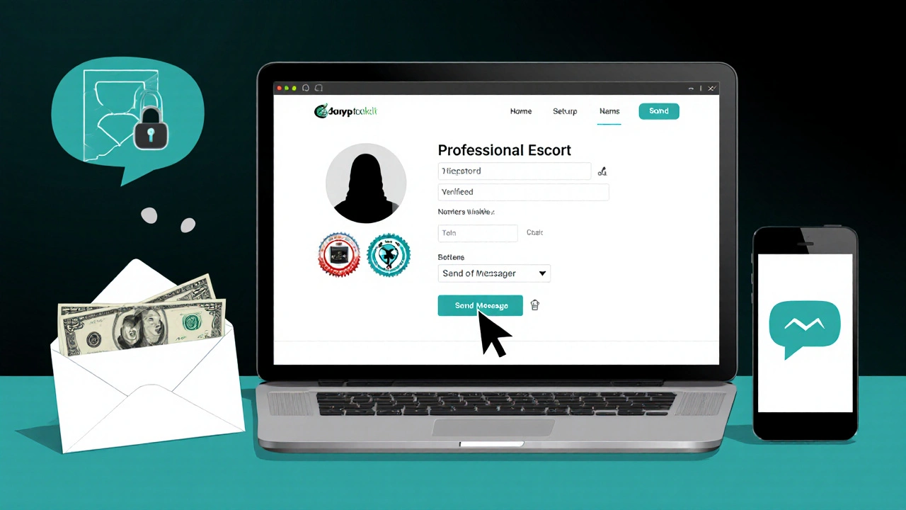 Secure website interface with verified profile and encrypted messaging on desk.