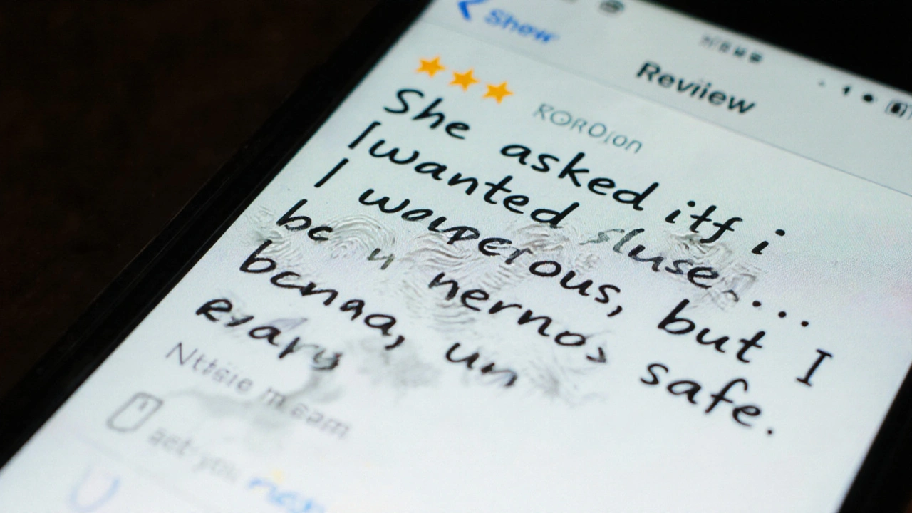 Smartphone screen showing a detailed, handwritten-style escort review with personal details.