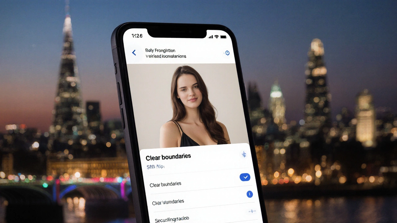 Smartphone showing a verified professional companion’s profile with clear boundaries.