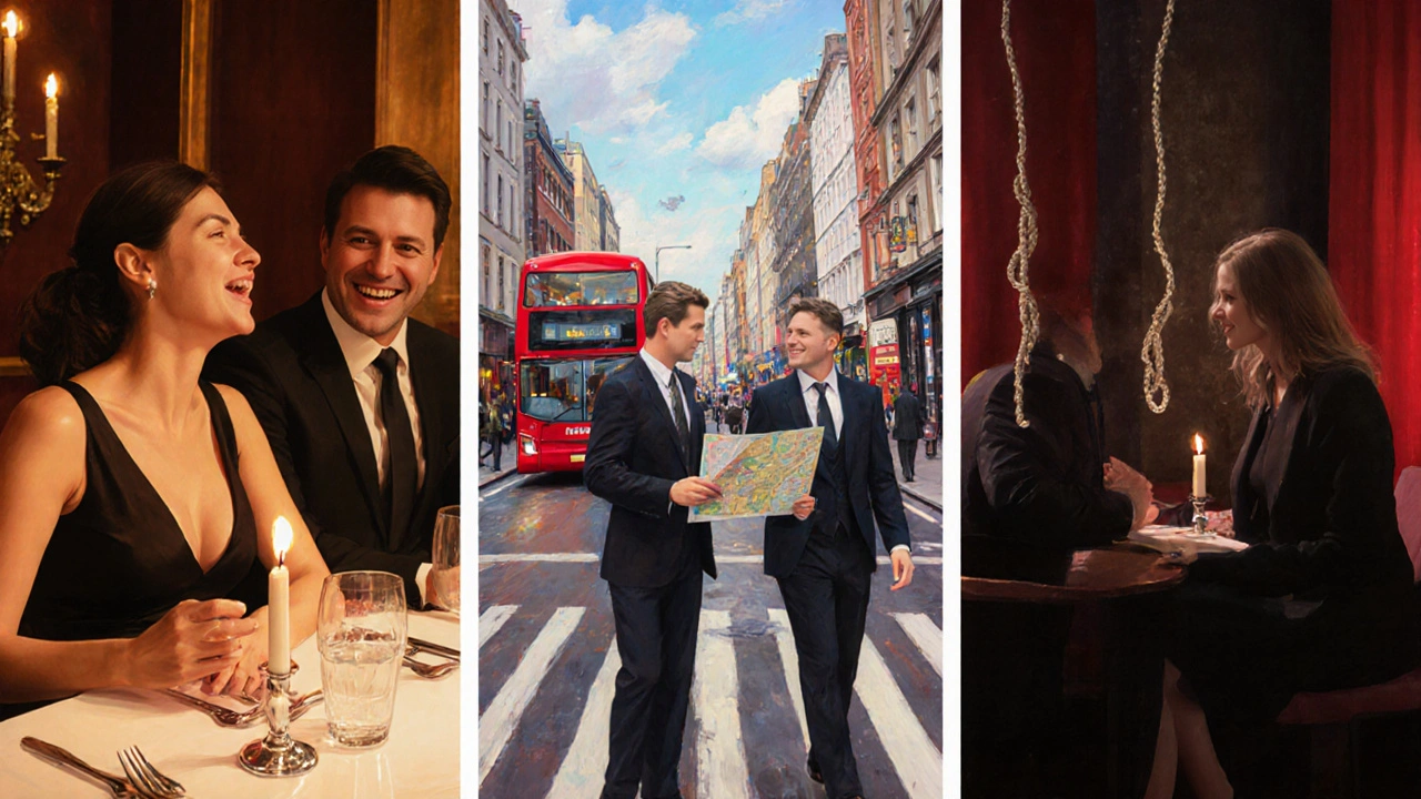 Three panels: dinner companion, travel guide in London, and a BDSM escort with rope, each depicting a different escort type.