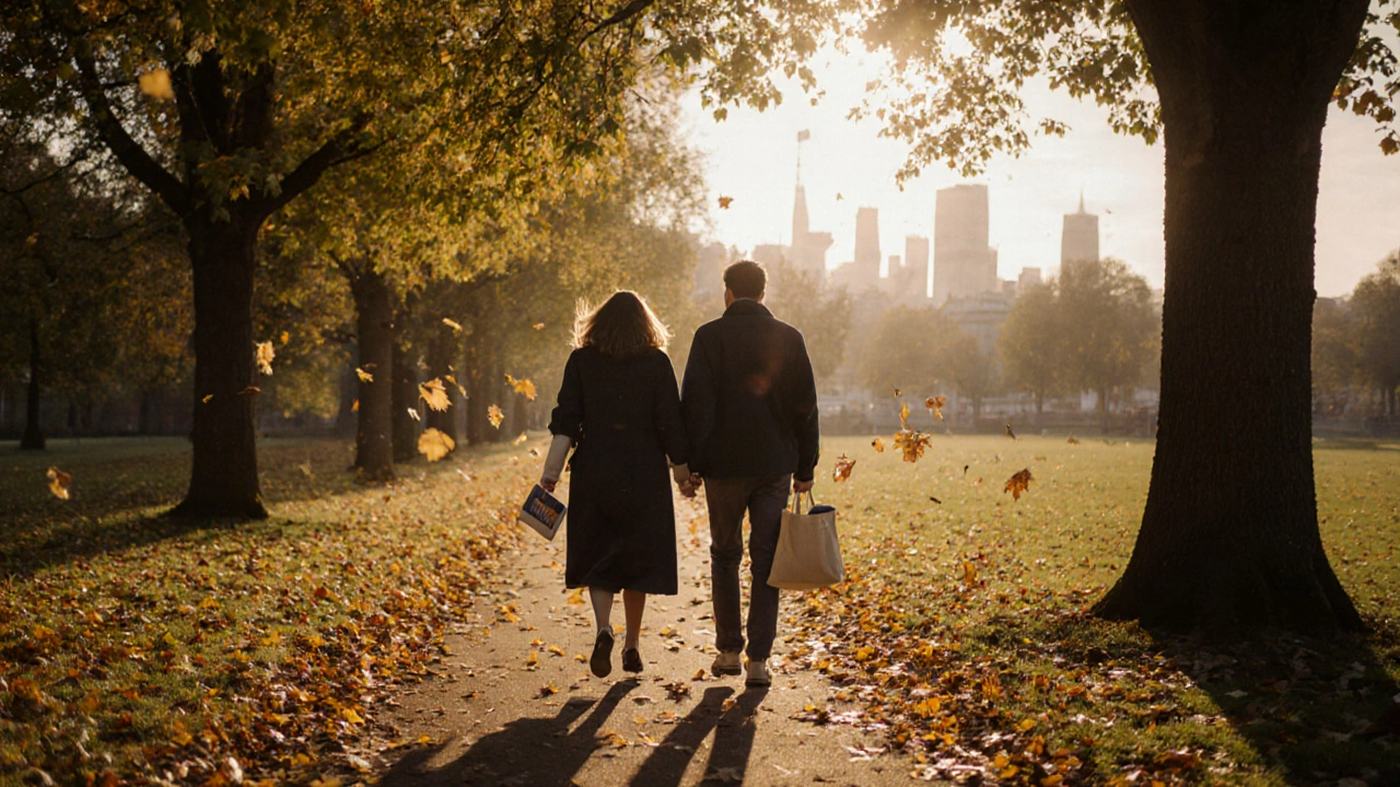 Two individuals walking together in Hyde Park during autumn, leaves falling around them.