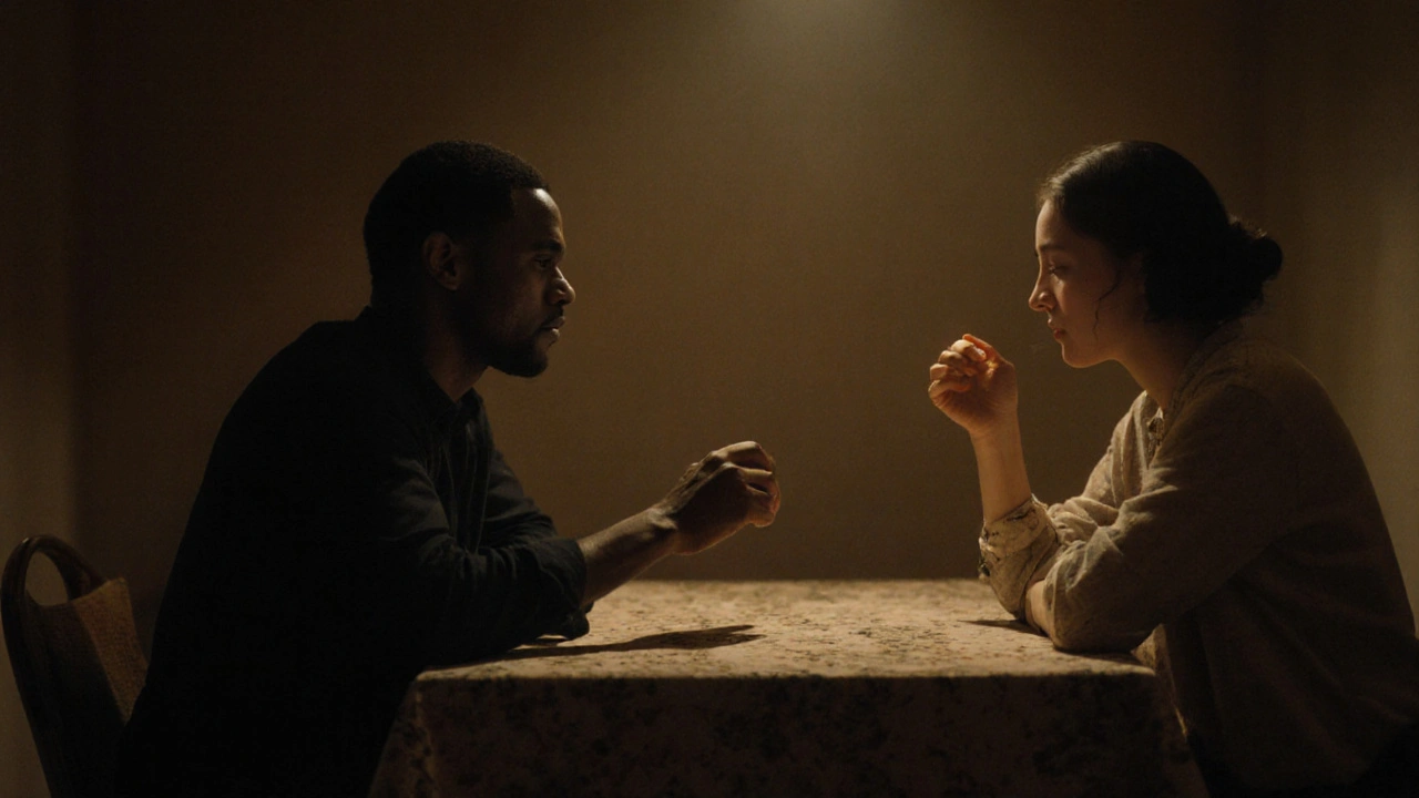 Two people sitting across a dinner table, smiling and making eye contact during quiet conversation.