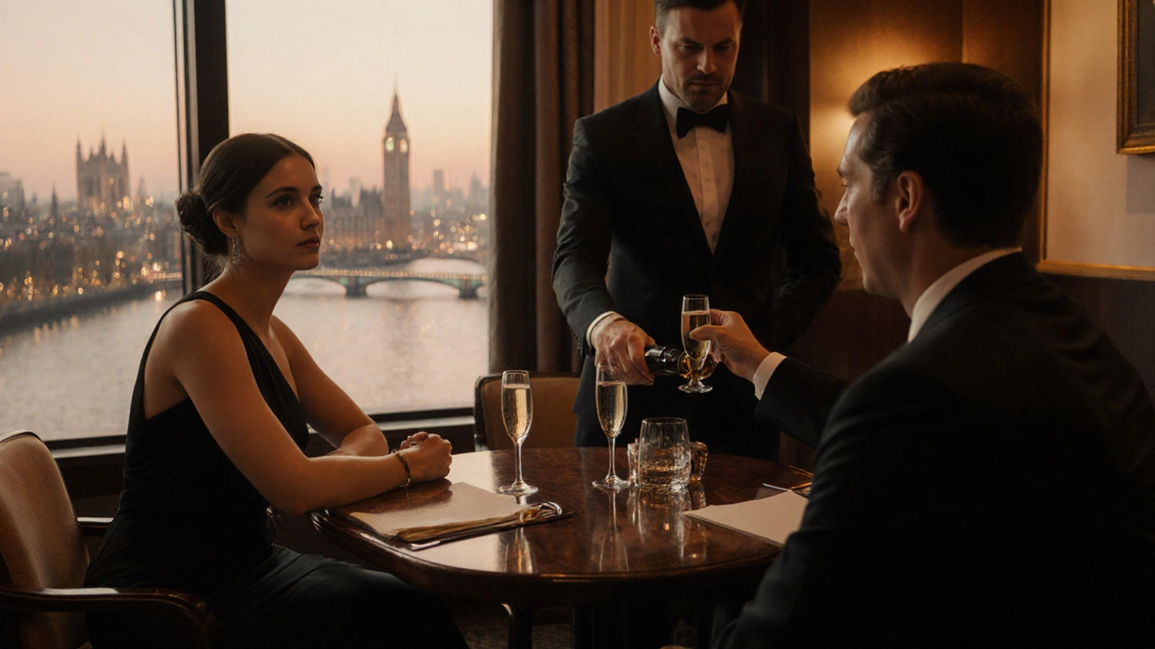 Upscale hotel lounge with companion and businessman sharing champagne.
