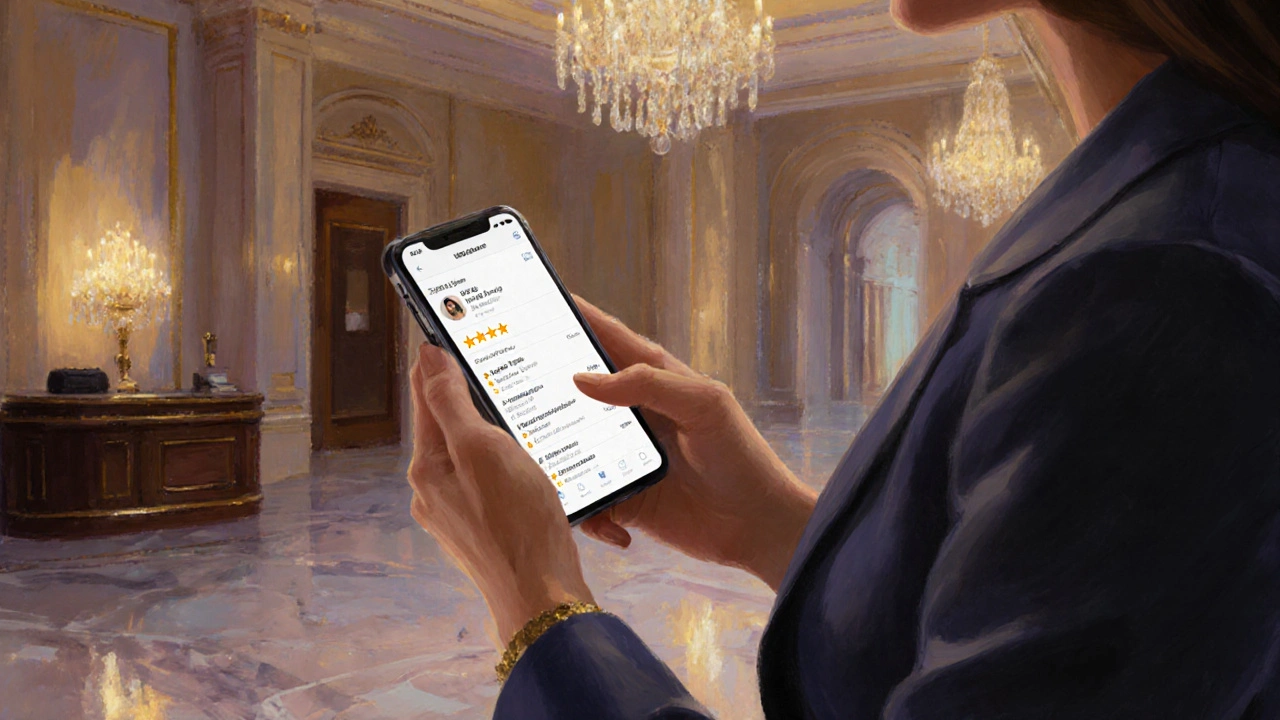 Woman checking high‑rating escort reviews on phone in an elegant hotel lobby.