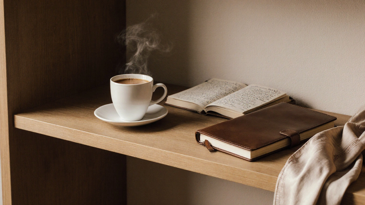 A bookshelf with chai, notebook, and scarf symbolizing quiet reflection.