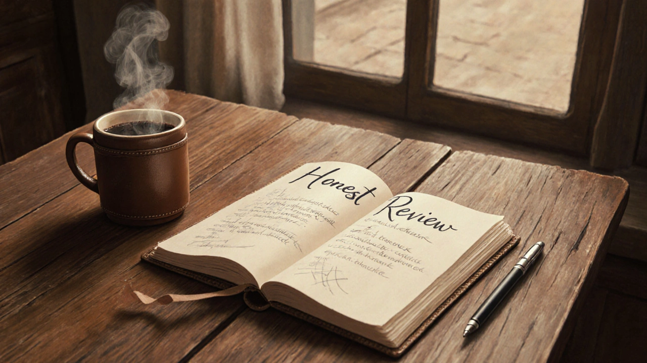 A coffee cup and notebook on a wooden table with &#039;Honest Review&#039; handwritten on paper, soft natural light.