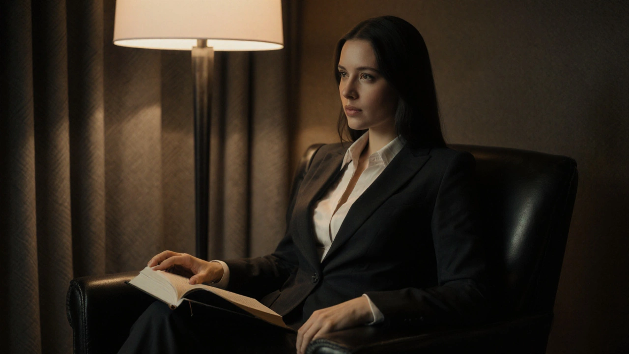 A composed escort reading in a luxurious hotel lounge.