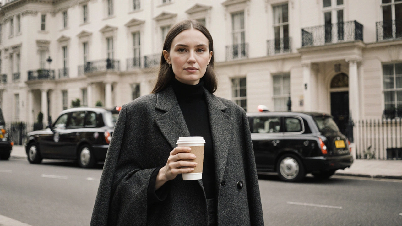 A confident woman in a tailored coat standing outside a London townhouse.