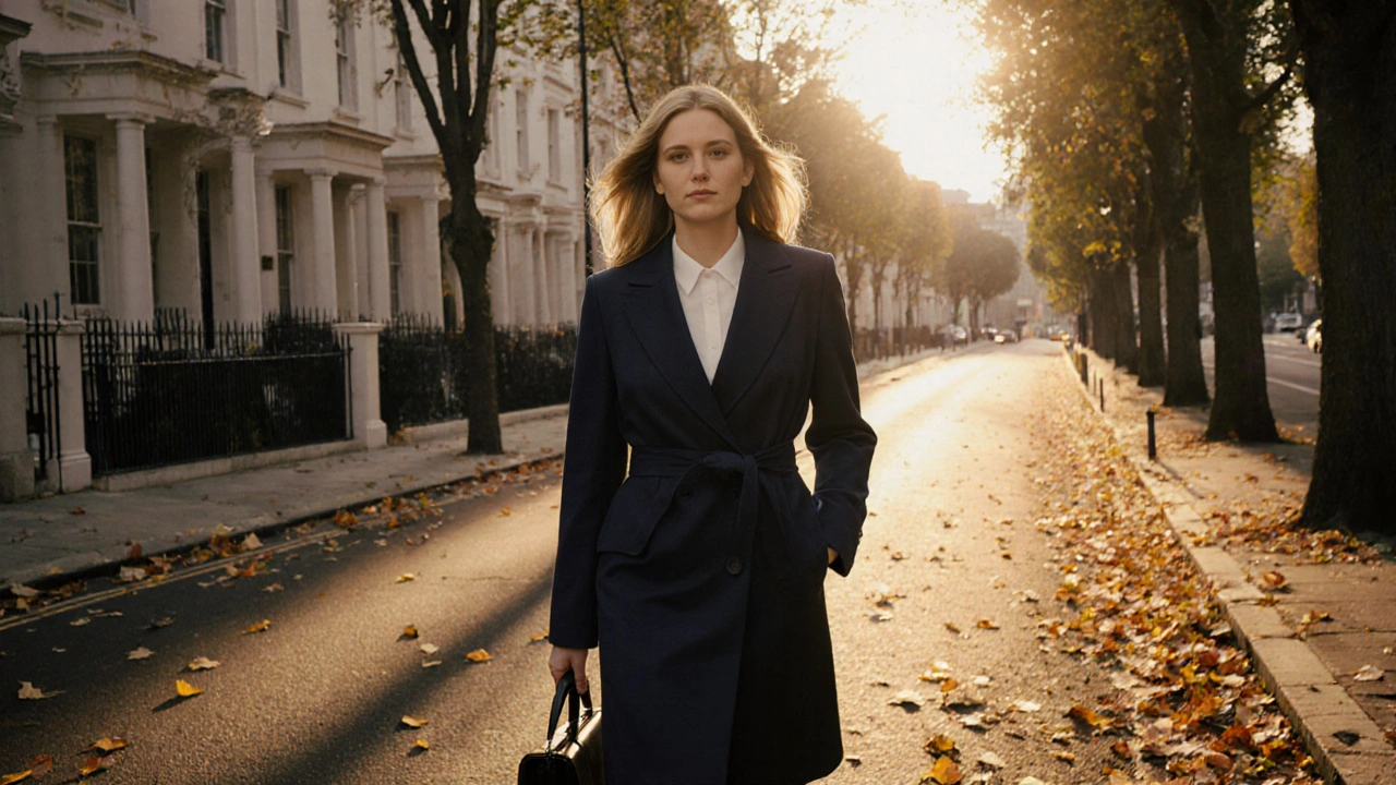 A confident woman in a tailored coat walking down a tree-lined Kensington street at dusk.