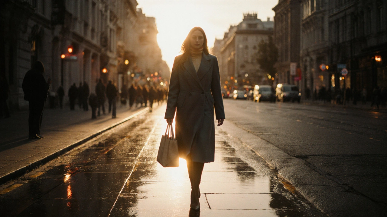 A confident woman walking through London at dusk, dressed casually and independently.