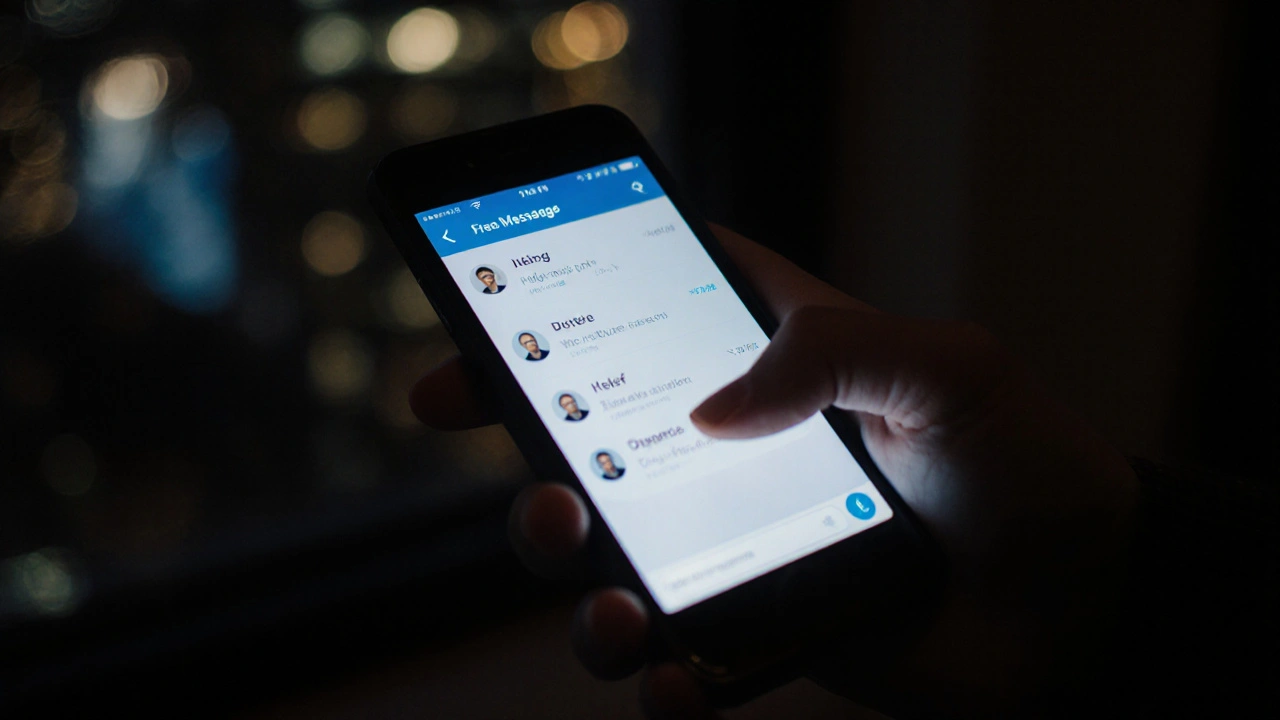 A hand holding a smartphone with a blurred secure messaging app screen.