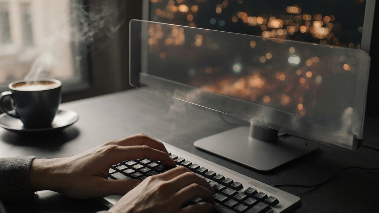 A hand typing on a keyboard with a privacy screen, coffee cup nearby, city lights blurred in the background.
