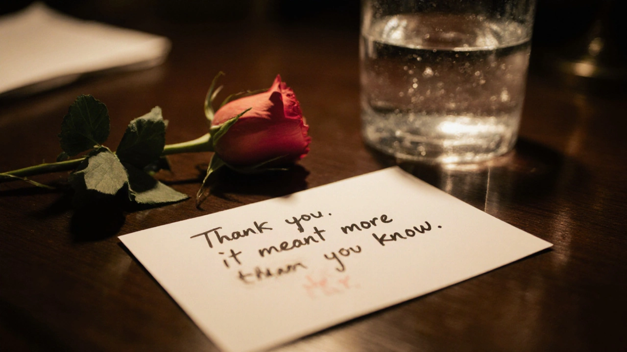 A handwritten thank-you note left on a hotel desk with a rose.