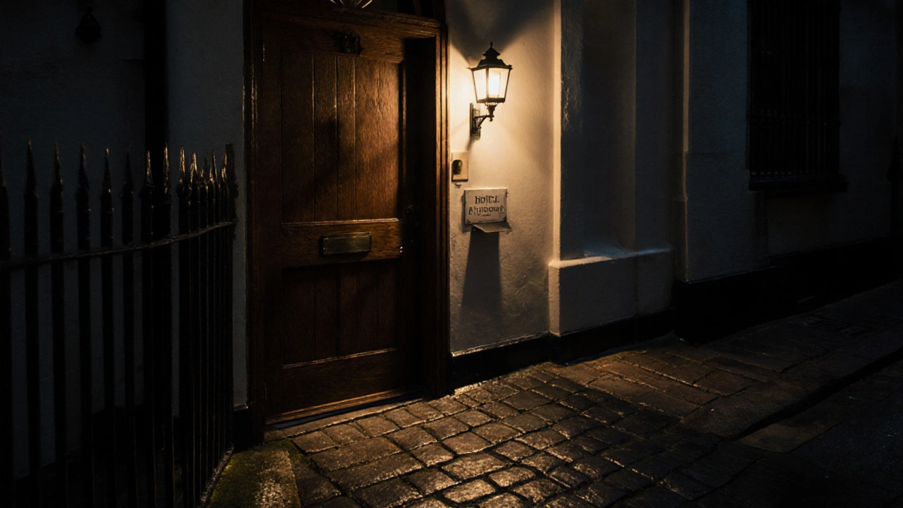 A hidden side entrance to a boutique London hotel at night with a glowing lantern.