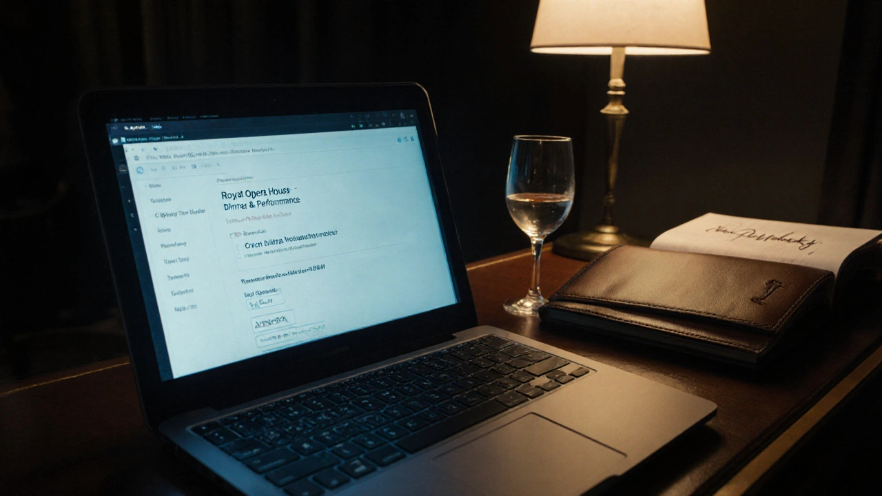 A laptop showing a theater reservation on a hotel desk with a wine glass and notebook.